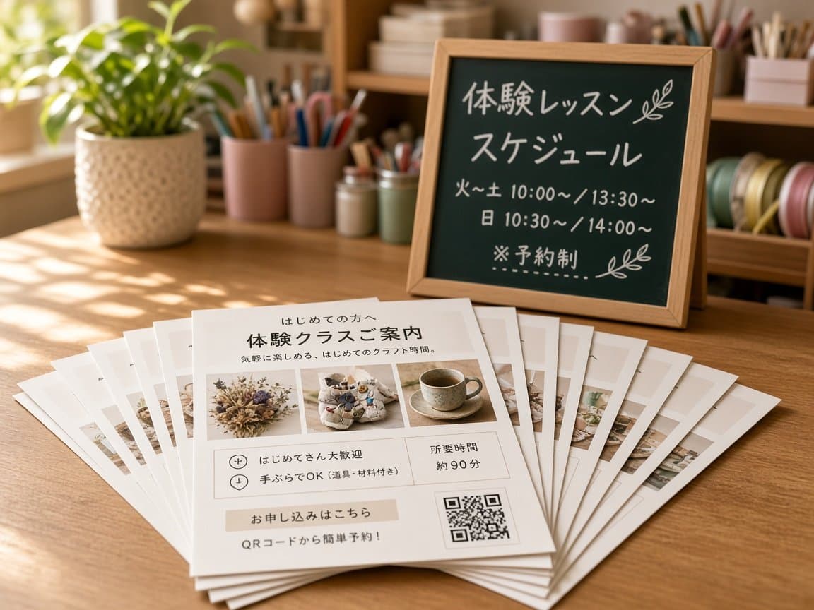 教室のカウンタに並んだ体験会チラシ