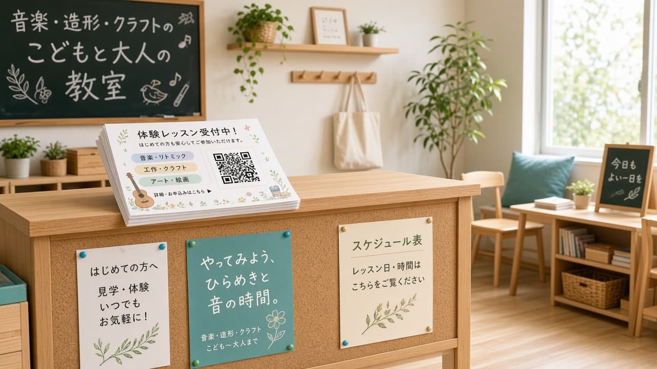 教室の受付に置かれた体験会チラシ