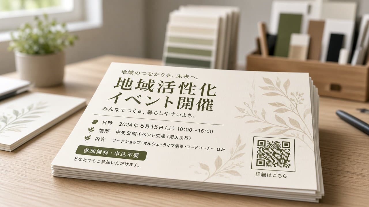 印刷したばかりのチラシとQRが机に並んでいる