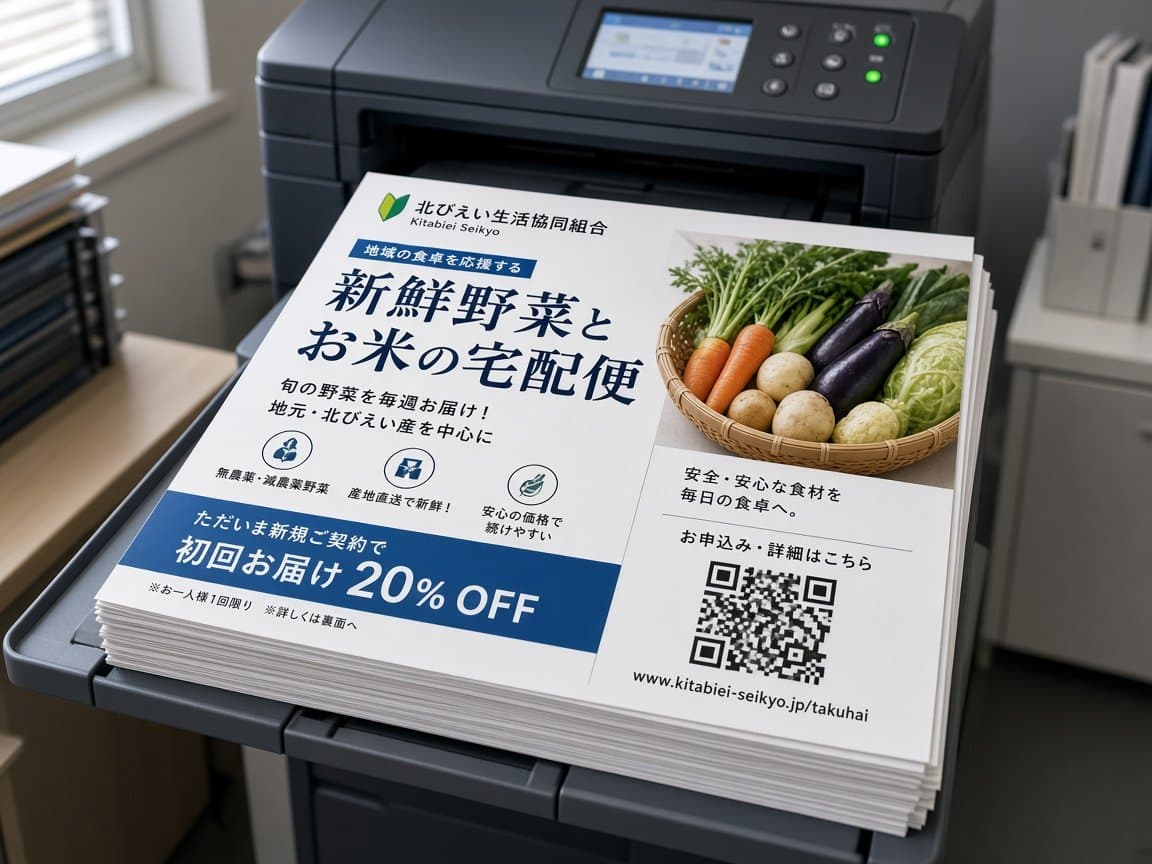 プリンターから出てきたチラシとQR