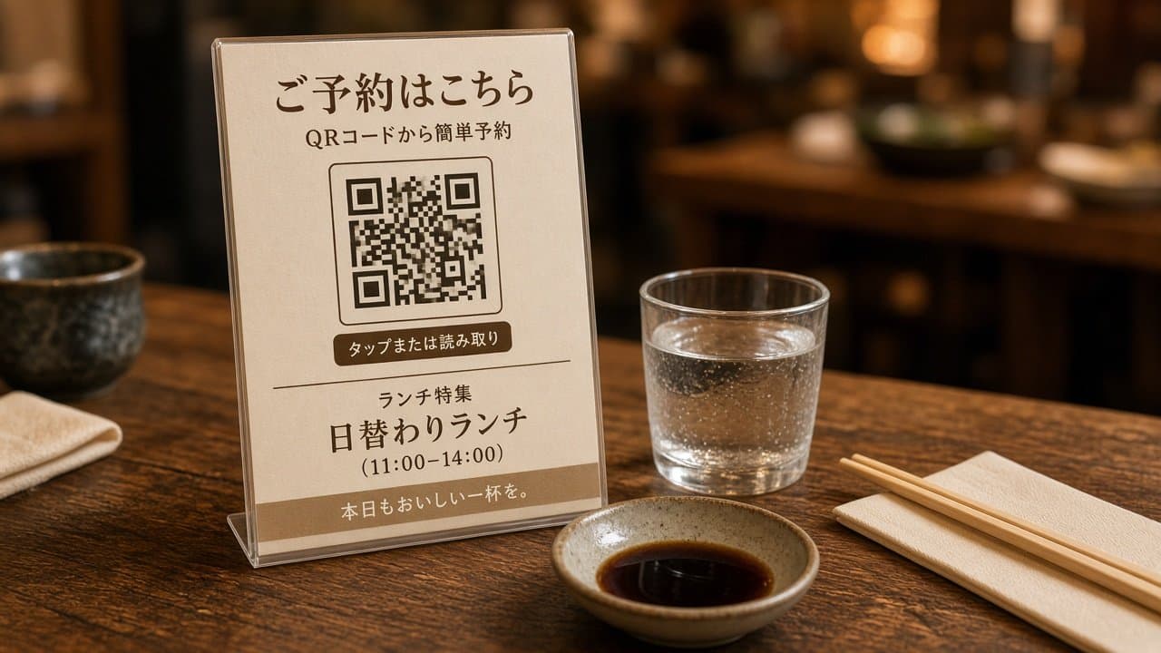 飲食店の卓上に置かれたPOPとQR