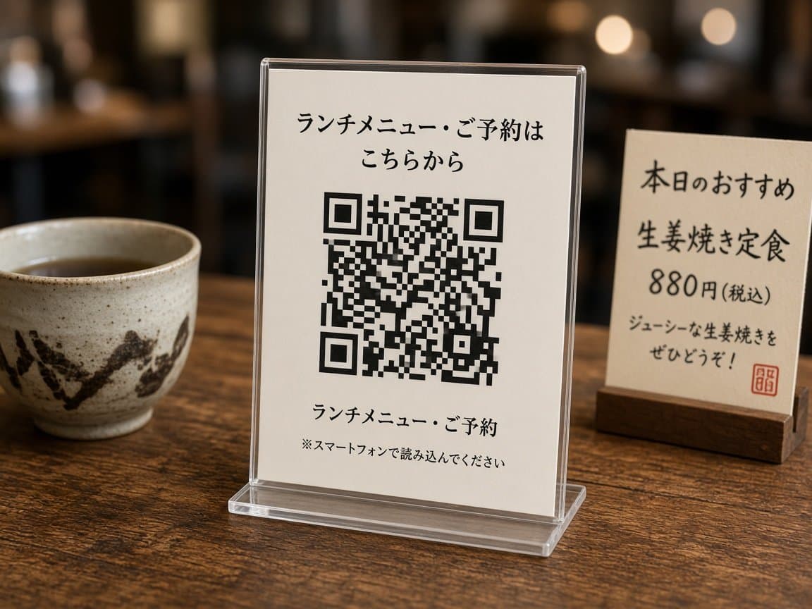 飲食店の卓上POPスタンドとQR