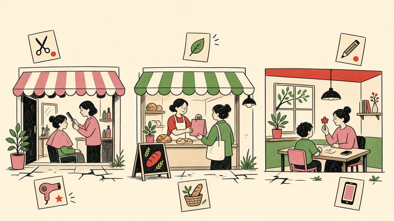 店、パン屋、教室が並ぶ通りのイラスト