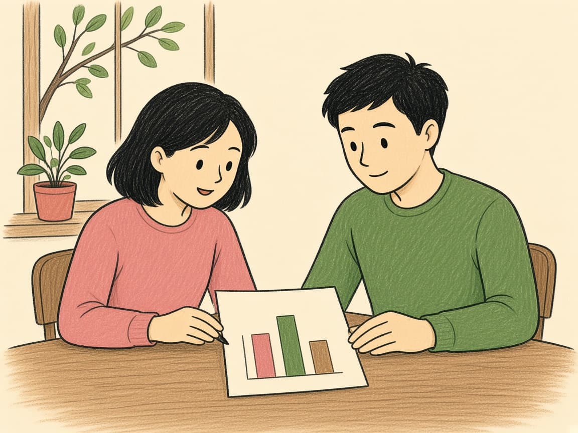 紙に描いた棒グラフを見比べている二人