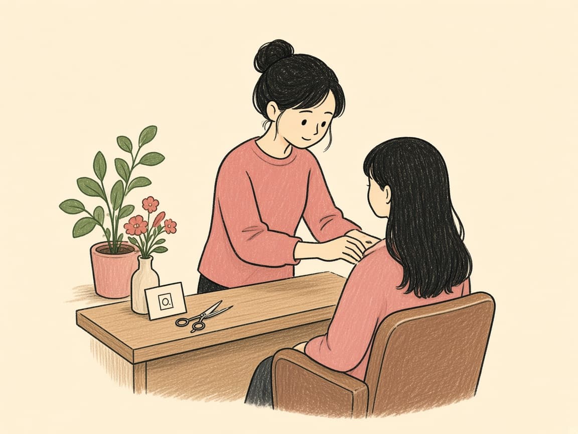 美容室のカウンタで、案内の紙を渡している