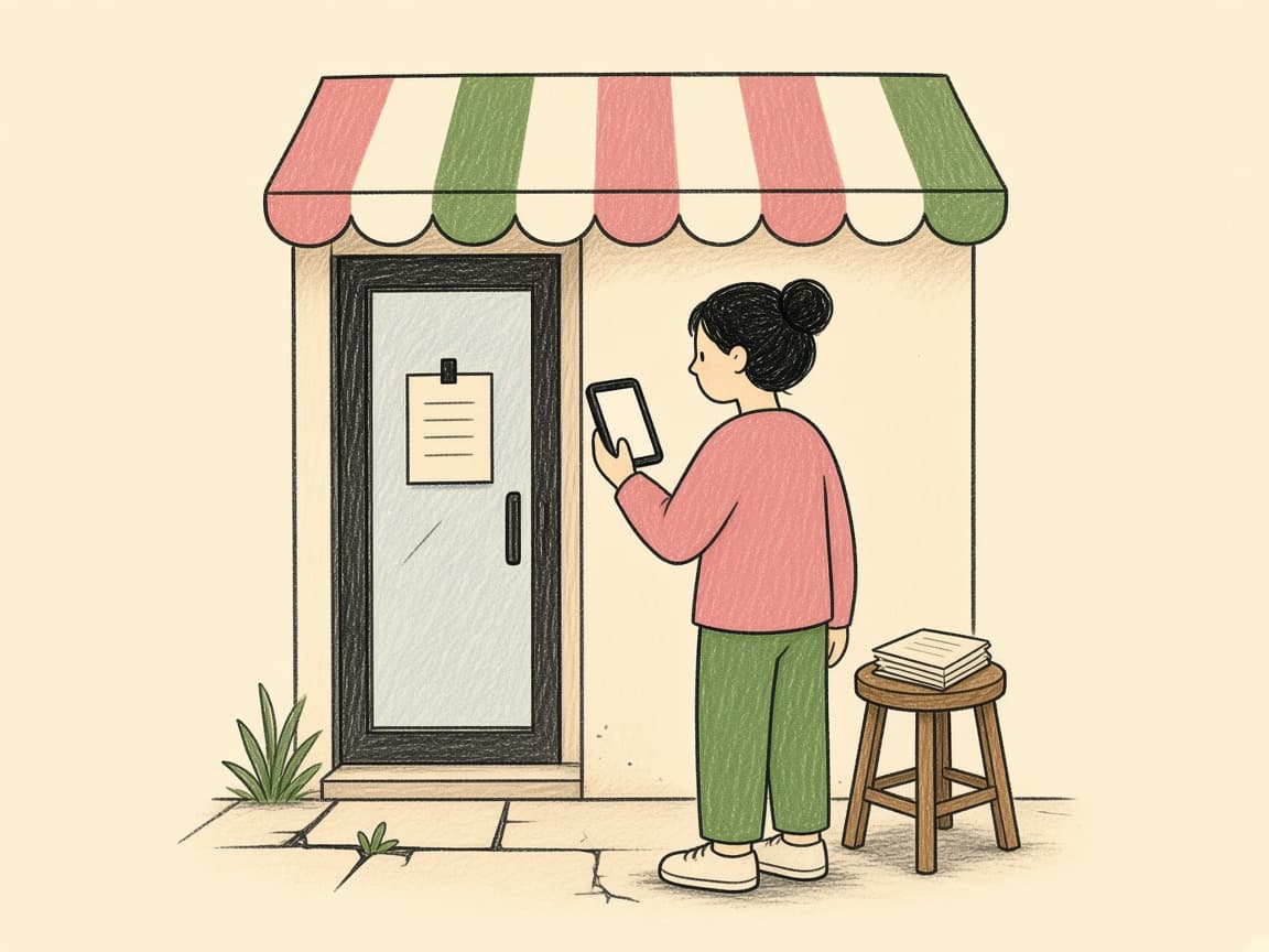 店先でスマホを見ながら紙の案内を置いている